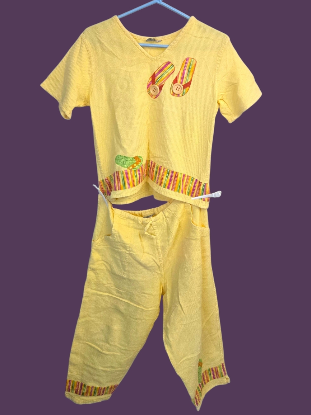 Vintage Guatemela Womens BEACH Pajama Set with Striped Trim AND FLIP FLOPS M
